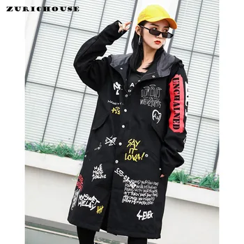 ZURICHHOUSE Ветровка в стил хип-хоп с принтом графити, дамски демисезонная модни градинска дрехи, дълъг тренч черен на цвят, с качулка Оверсайз