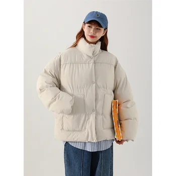 Дамски нова яке-пуховик цвят каки с висока яка, водене жив топлина, свободна модни минималистичная яке с универсален темперамент, зимно палто