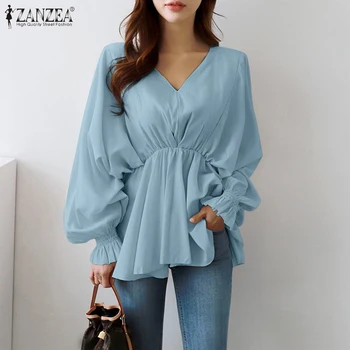 ZANZEA 2023, стилни блузи с пищни ръкави, дамски блузи с висока талия, ежедневни блузы с V-образно деколте и рюшами, дамски однотонная туника 