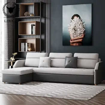 Многофункционален диван-легло в скандинавски стил, плат и кожен диван за хола, удобен и лесен разтегателен диван