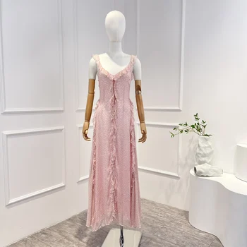 Ново записване, висококачествена коприна на роклята миди с принтом в грах, странични къдри, голямо деколте, без ръкави, на подтяжках, сладка розова рокля на бретелях, дамски летни почивки