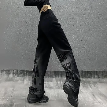 Черни дамски широки дънки Y2k Streetwear, големи размери, с писмото принтом, нова реколта дънкови панталони за почистване с висока талия, стари панталони