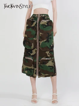 TWOTWINSTYLE минималистичные поли за жени с висока талия и джоб в стил мозайка, ежедневни свободна пола трапецовидна форма, дамски модни дрехи, новост 2023 година