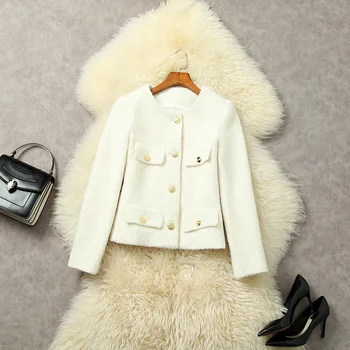 Новата европейска и американска дамски дрехи за зимата 2022 г., однобортное палто с дълъг ръкав и много джобове, модерно вълнена твидовое палто