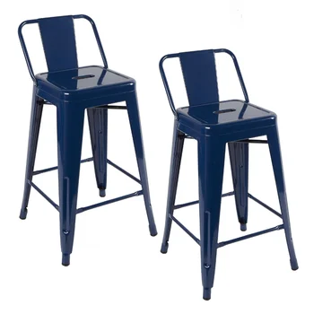 Промишлени метални емайлирани бар столове с височина 24 инча, комплект от 2, син