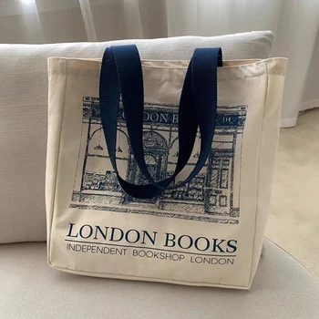 Дамски холщовая чанта през рамо с принтом Лондон книги, дамски ежедневни чанти-тоут, множество памучен плажната чанта за пазаруване с голям капацитет