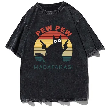 Тениска с надпис на PEW PEW, забавна тениска с принтом Котка, памучен готина Мъжка тениска, Ежедневни Тениска с кръгло деколте, Летни Свободни Женски Черни Тениски, Потници