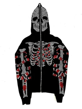 Hoody с качулка в готически стил Унисекс с Дълъг Ръкав под формата на Скелет на ципове и Кристали Горещо Фиксиране за Хелоуин и Улична Мода