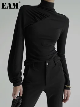 [ИАЛ] Женска Черна Плиссированная Тънка Ежедневни тениска с висока еластичност, Нова Поло с дълъг ръкав, Модерен Прилив, Пролет-Есен 2023 1DF4908