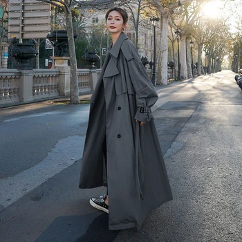 Корейски стил, без жена тренч оверсайз X-Long, двубортный женски палто с колан, ветровка, пролетно-есенна горна дреха, сив
