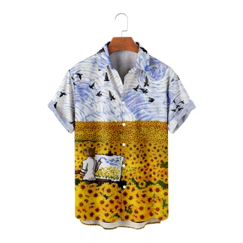 Мъжки ежедневни ризи с участието на семки, написани масло, ежедневни ризи с къс ръкав, стръмни летни блузи, реколта дишащи