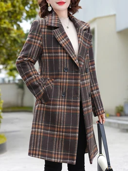 Дамско яке в клетката, есенна връхни дрехи, палто с дълги ръкави, двубортное памучно палто за жени, плюс размер