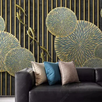 beibehang потребителски абстрактни релефни тапети във формата на лист от лотос с девет рибки декор спални фонови картинки начало декор на 3D стенни живопис