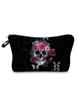Косметичка с принтом, женски козметични чанти, холщовая чанта за пазаруване, художествена косметичка, черен череп, звезда, роза, чанта за съхранение, Хелоуин