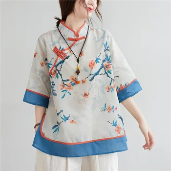 Нов костюм Tang, дамски ретро-дискова обтегач Hanfu, подобрена риза Рокля в китайски стил, памучен и бельо чаена дрехи, дамско кимоно
