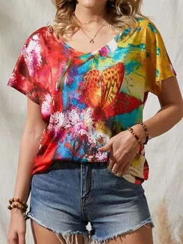 Жените риза 2023, лятна мода, нова ежедневни тениска с къс ръкав и принтом пеперуди, най женски