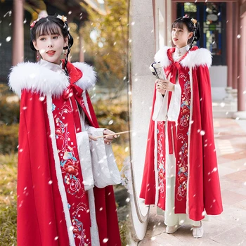 Зимата е плътен дъждобран Ханфу, китайската традиционна наметало-дъждобран, коледен костюм, червен жена кралят cosplay, източен дъждобран с качулка