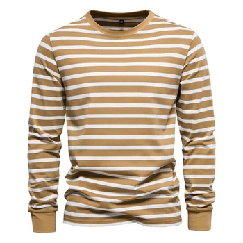 Мъжка тениска от 100% памук райе с дълъг ръкав, дишаща пуловер с кръгло деколте, топ, мъжки модни ризи за дневни пътувания, размер EUR