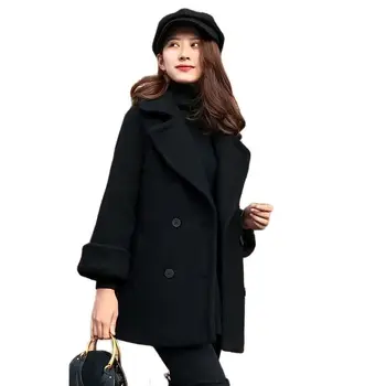 Черна Вълнена палто 2023, Новата Есенно-Зимно яке от Висок клас, Корейската Дамски Вълнена куртка, Двубортная Ежедневни Връхни Дрехи, Дамски