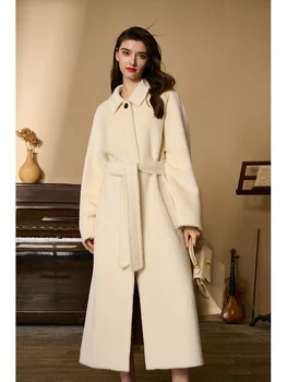 Висококачествено бяло палто от алпака в стил Хепбърн, двустранно женски вълна палто средната и дългата дължина, зимно